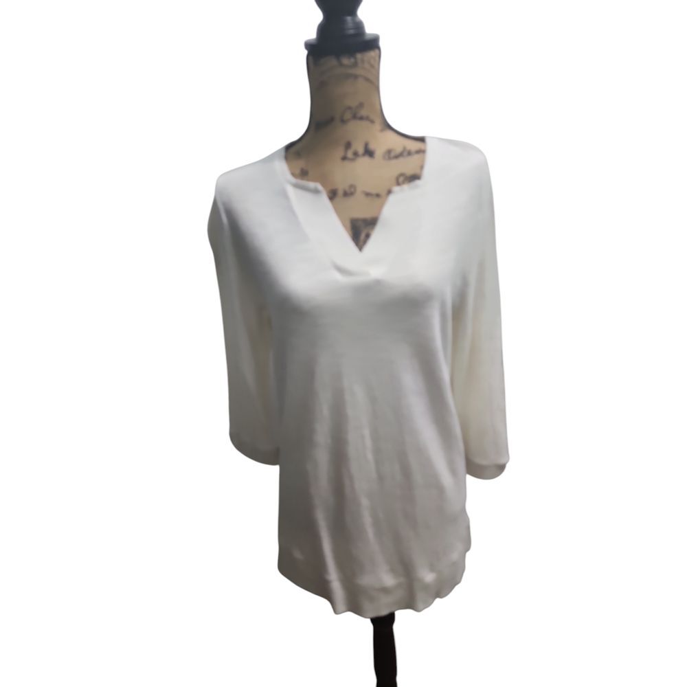 Weekends‎ by Chico's Elegant White V-Neck 3/4 Sleeve Cotton Blend Top Size L
